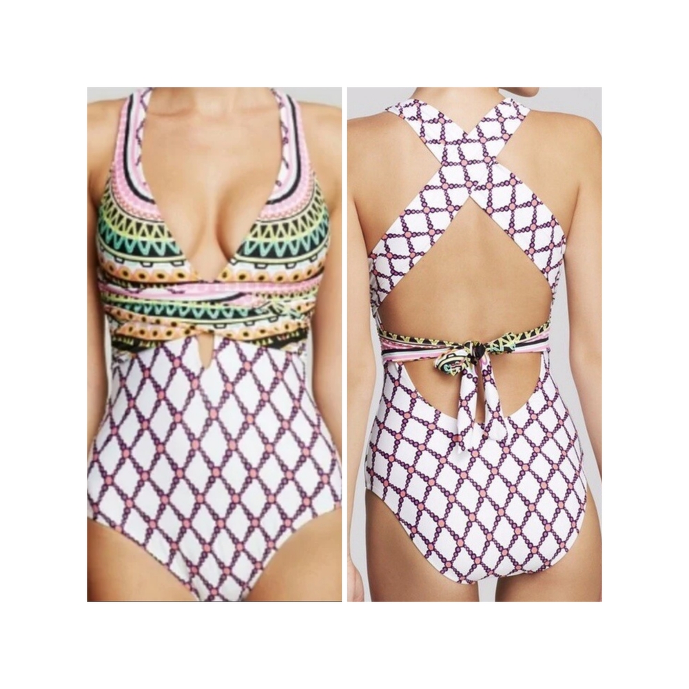 Trina Turk Pink and White One Piece Swimsuit with Geometric Design